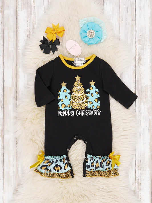 Blue Leopard Christmas Ruffle Romper