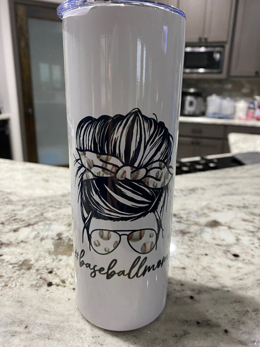 20 oz. Tumbler - #baseballmom Messy Bun - Cheetah