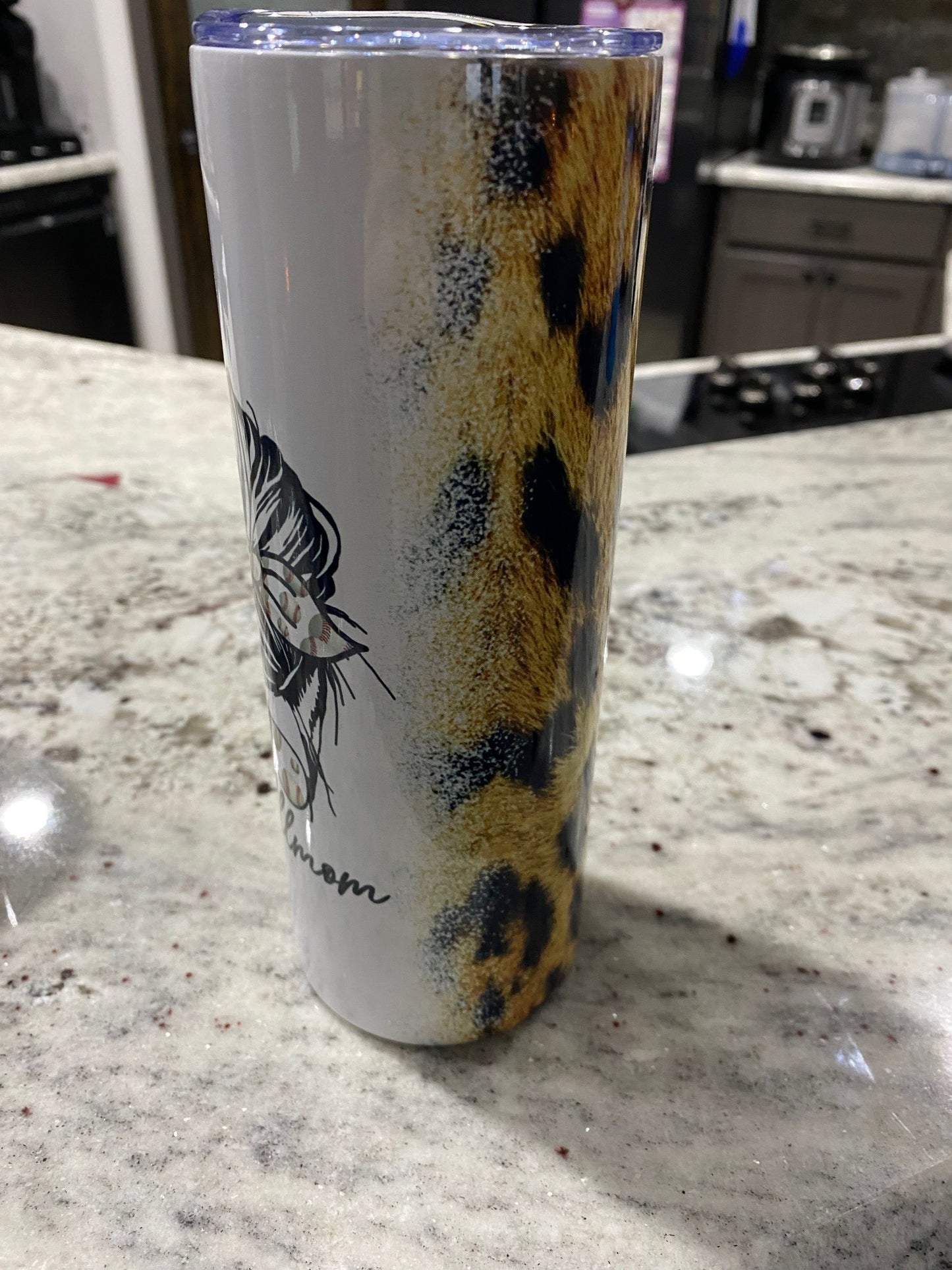 20 oz. Tumbler - #baseballmom Messy Bun - Cheetah